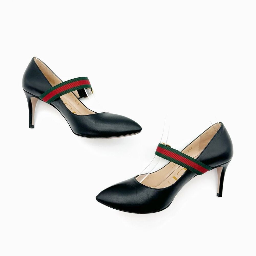 GUCCI Sylvie Black Leather Heels Size 37 US 7 Web Mary Jane Buckle Strap - Picture 3 of 13